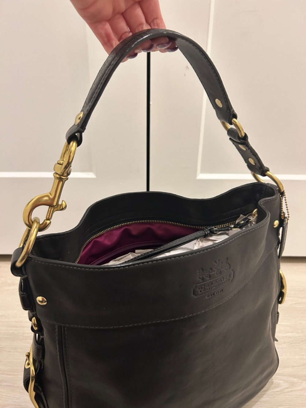 Coach Zoe Hobo Black Leather Shoulder Bag with Gold Accents - Picture 13 of 17